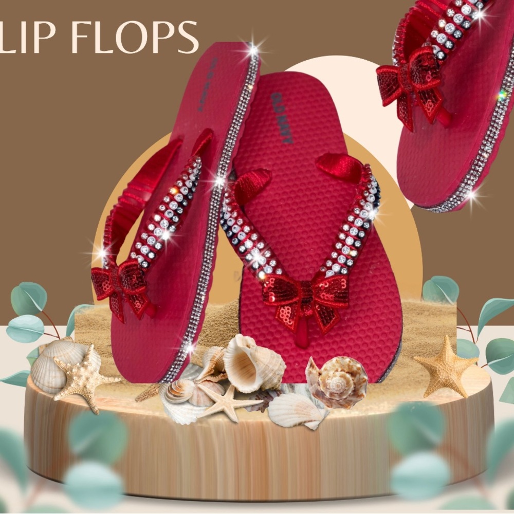 Childrens Old Navy| Red White Blue Crystal Flip Flops/Sandals Sz 12/13| Memorial